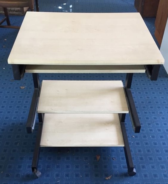 Small desk on wheels with pull-out shelf for keyboard. 580mm Wide x 500mm deep x 755mm tall to work surface.