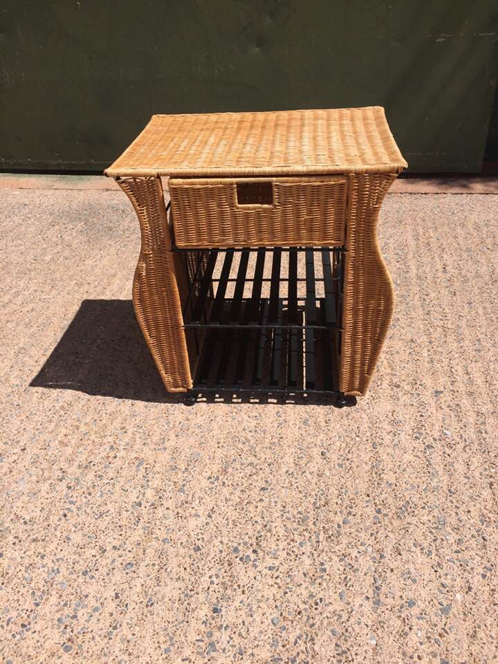 Small wicker side table / magazine rack with drawer