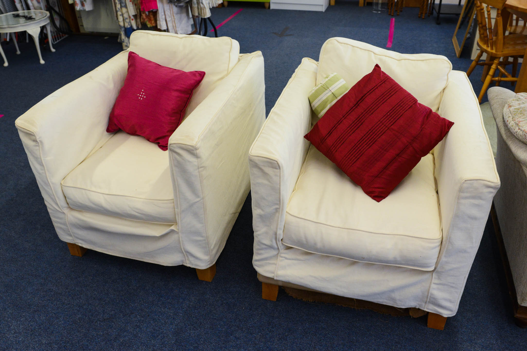 Pair of Armchairs, off white removable covers so can be laundered or dyed.