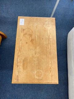 Wood coffee table.
Length is 61cm.
Width is 40cm.
Height is 37cm.