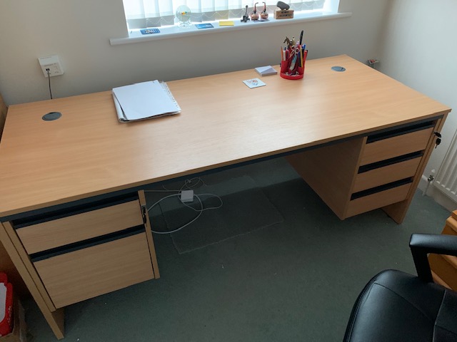 Large desk with built in pedestal drawers, lockable & c/w keys. Dismantled for ease of transport. 180cm x 75cm top, 73cm tall when built.