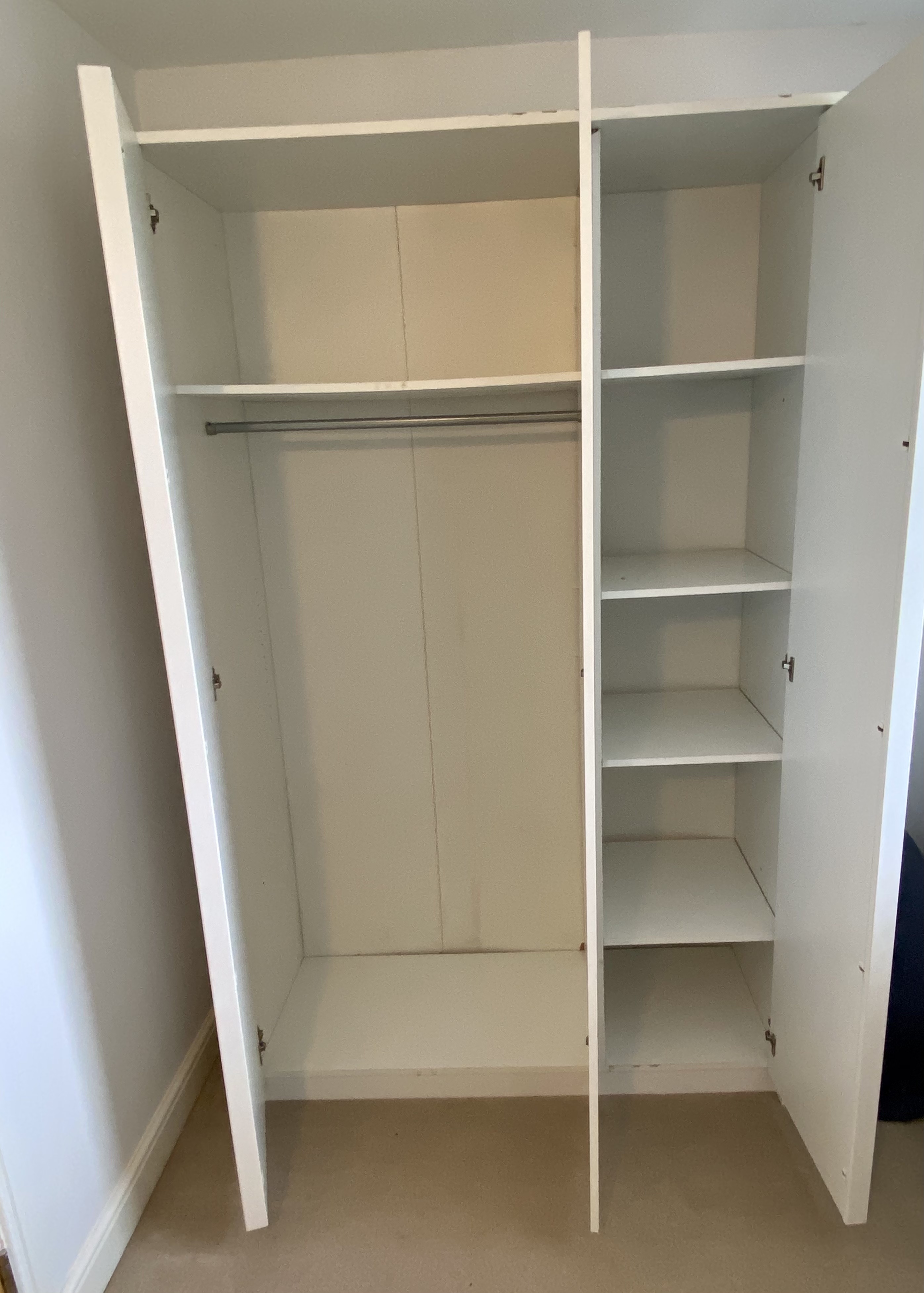 White 3 door wardrobe, dimensions approx. 200cm x 122 cm (48cm deep). Currently dismantled for ease of transport. We can re-assemble at your property if necessary for £30