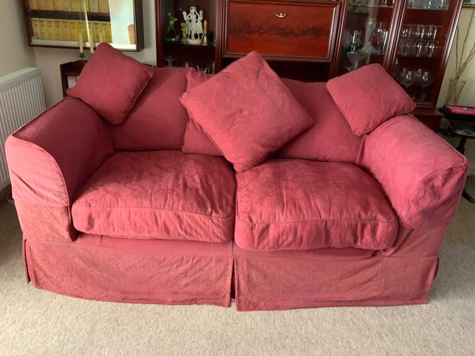 Red fabric 3 seater sofa with 2 matching chairs. Arm guards and removable covers so easy to keep fresh  