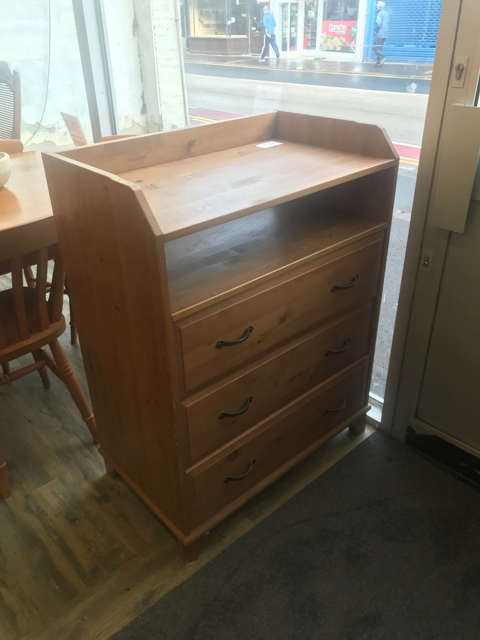 Chest of Drawers with a changing table top and shelf below. 78cm wide, 46cm deep, 102cm tall. 