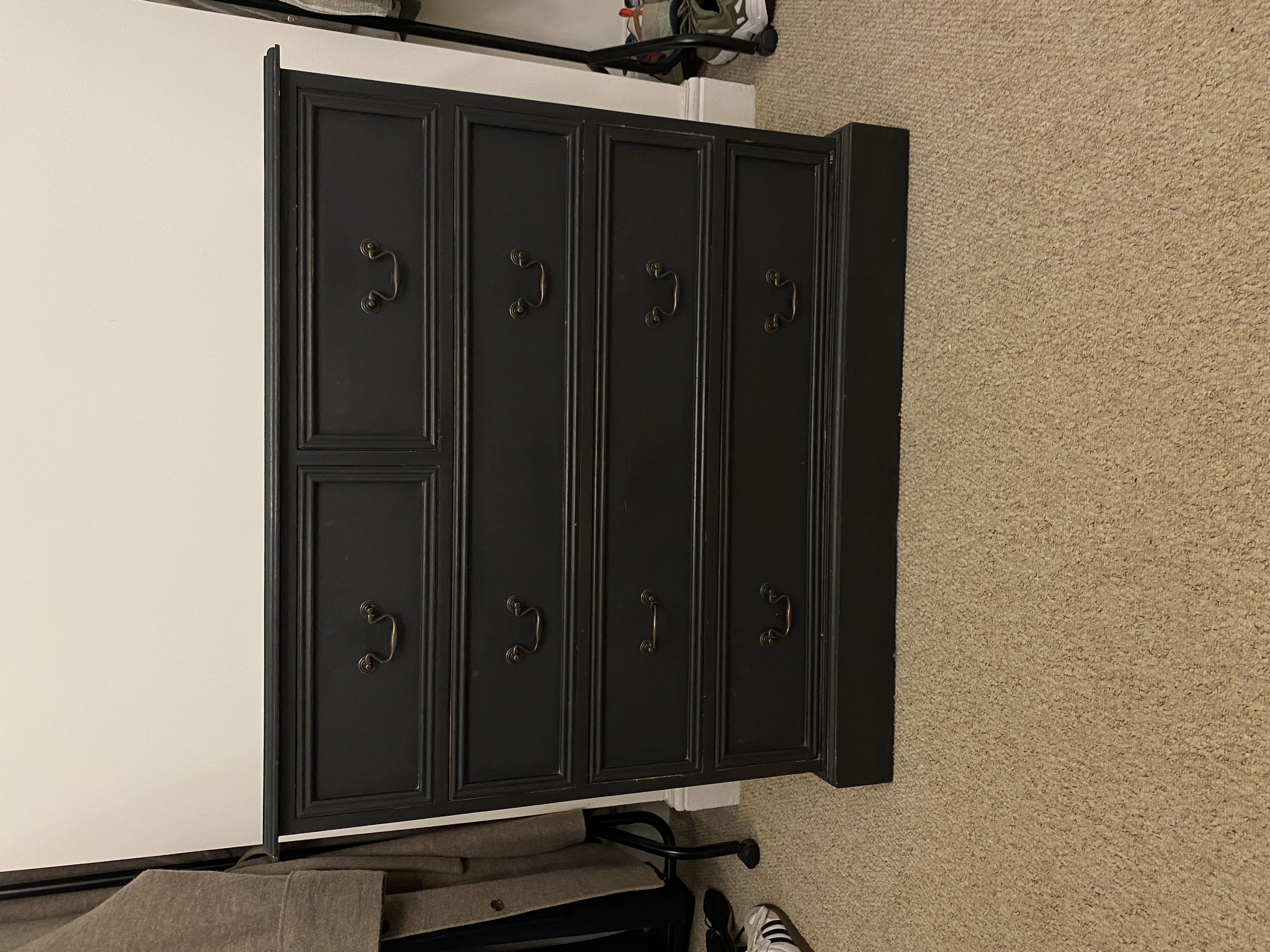 Pine Chest of Drawers painted in Farrow & Ball Railings. Some lights it looks dark navy blue, other lights black. Three long draws and 2 small. In really good condition. Approx. Measurements - height 1.17m x width 1m x depth 50cm